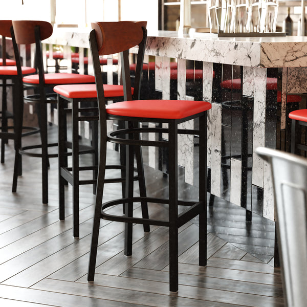Walnut Wood Back/Red Vinyl Seat |#| Commercial Metal Barstool with Vinyl Seat and Wood Boomerang Back-Red/Walnut