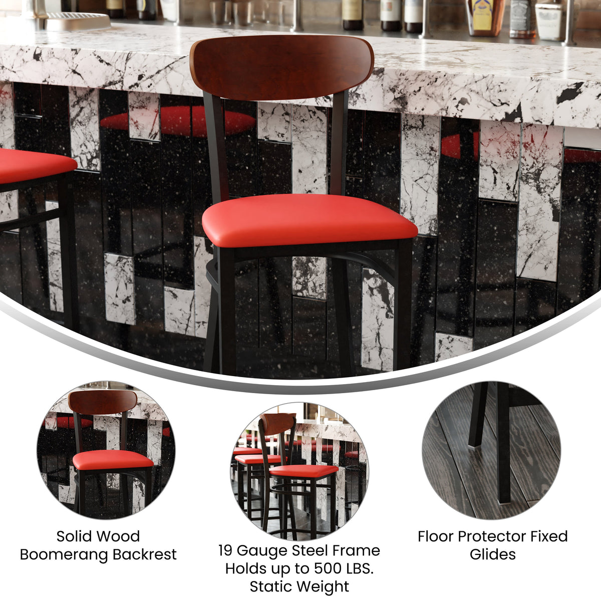 Walnut Wood Back/Red Vinyl Seat |#| Commercial Metal Barstool with Vinyl Seat and Wood Boomerang Back-Red/Walnut