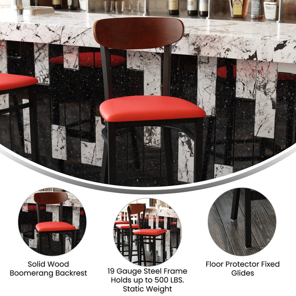 Walnut Wood Back/Red Vinyl Seat |#| Commercial Metal Barstool with Vinyl Seat and Wood Boomerang Back-Red/Walnut