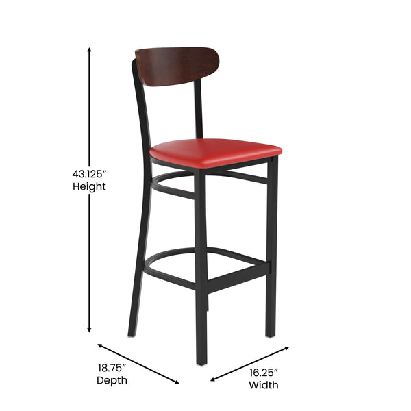 Walnut Wood Back/Red Vinyl Seat |#| Commercial Metal Barstool with Vinyl Seat and Wood Boomerang Back-Red/Walnut