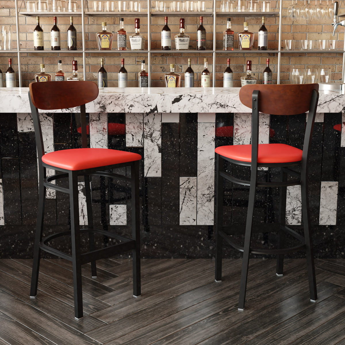 Walnut Wood Back/Red Vinyl Seat |#| Commercial Metal Barstool with Vinyl Seat and Wood Boomerang Back-Red/Walnut