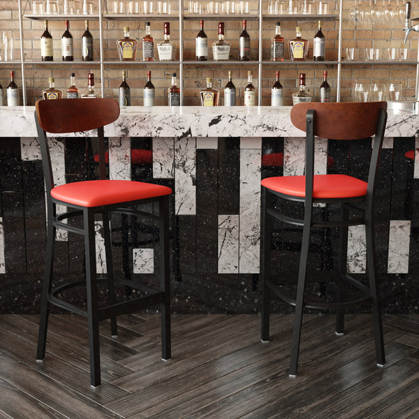 Walnut Wood Back/Red Vinyl Seat |#| Commercial Metal Barstool with Vinyl Seat and Wood Boomerang Back-Red/Walnut