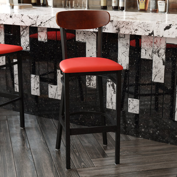 Walnut Wood Back/Red Vinyl Seat |#| Commercial Metal Barstool with Vinyl Seat and Wood Boomerang Back-Red/Walnut