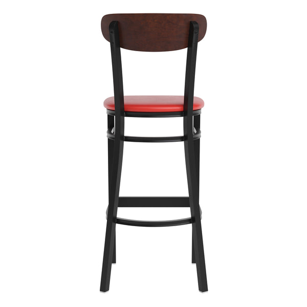 Walnut Wood Back/Red Vinyl Seat |#| Commercial Metal Barstool with Vinyl Seat and Wood Boomerang Back-Red/Walnut