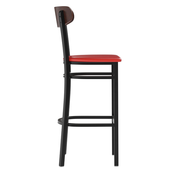 Walnut Wood Back/Red Vinyl Seat |#| Commercial Metal Barstool with Vinyl Seat and Wood Boomerang Back-Red/Walnut