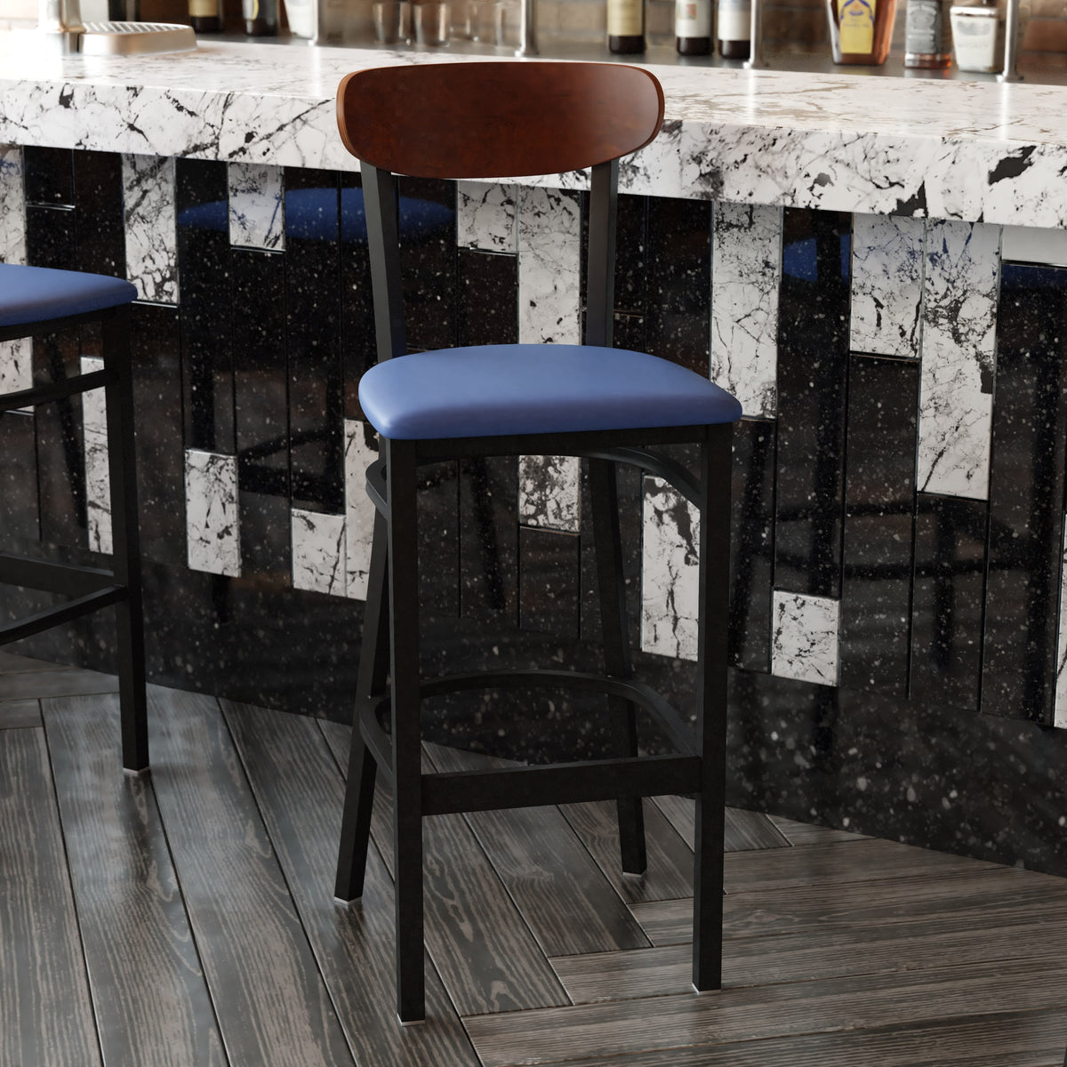 Walnut Wood Back/Blue Vinyl Seat |#| Commercial Metal Barstool with Vinyl Seat and Wood Boomerang Back-Blue/Walnut