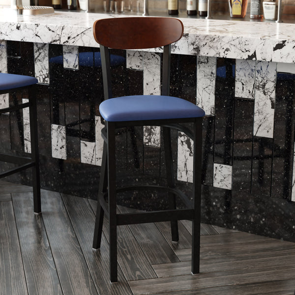 Walnut Wood Back/Blue Vinyl Seat |#| Commercial Metal Barstool with Vinyl Seat and Wood Boomerang Back-Blue/Walnut
