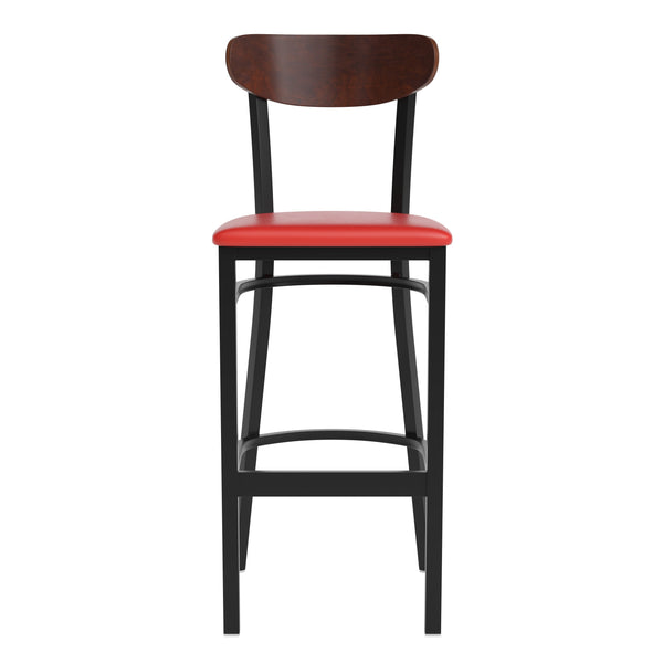 Walnut Wood Back/Red Vinyl Seat |#| Commercial Metal Barstool with Vinyl Seat and Wood Boomerang Back-Red/Walnut
