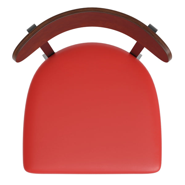 Walnut Wood Back/Red Vinyl Seat |#| Commercial Metal Barstool with Vinyl Seat and Wood Boomerang Back-Red/Walnut