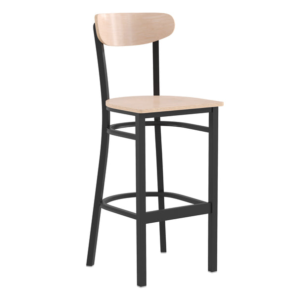 Natural Birch |#| Commercial Metal Barstool with Wood Seat and Boomerang Back-Natural Birch Finish