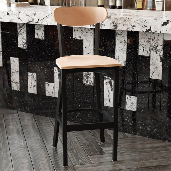 Natural Birch |#| Commercial Metal Barstool with Wood Seat and Boomerang Back-Natural Birch Finish