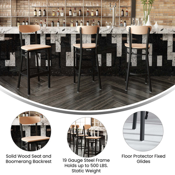 Natural Birch |#| Commercial Metal Barstool with Wood Seat and Boomerang Back-Natural Birch Finish