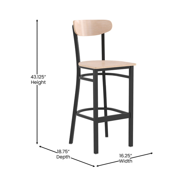 Natural Birch |#| Commercial Metal Barstool with Wood Seat and Boomerang Back-Natural Birch Finish