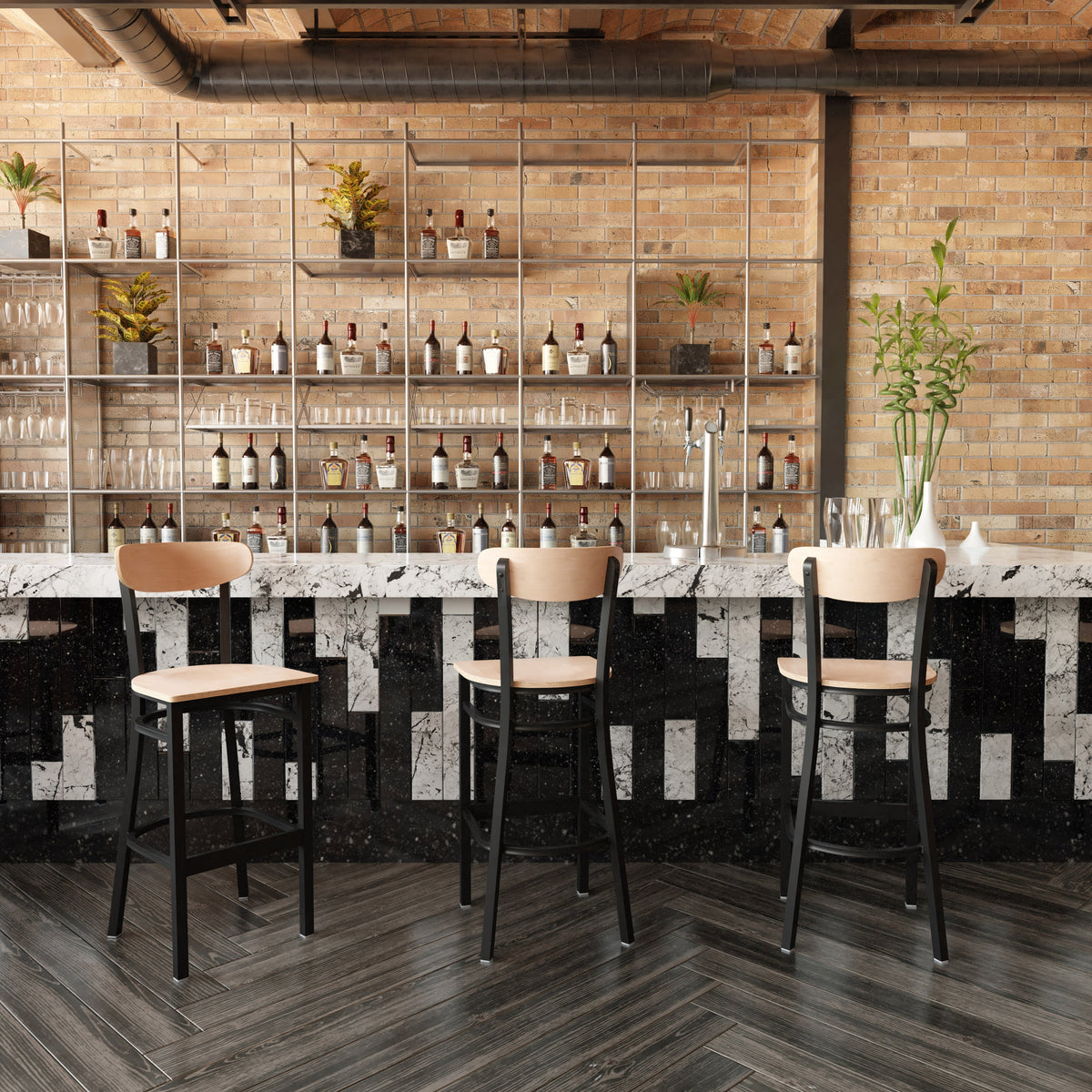 Natural Birch |#| Commercial Metal Barstool with Wood Seat and Boomerang Back-Natural Birch Finish