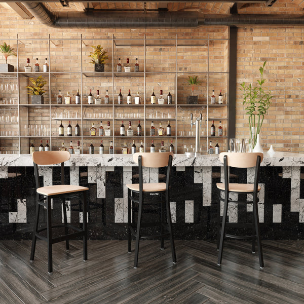 Natural Birch |#| Commercial Metal Barstool with Wood Seat and Boomerang Back-Natural Birch Finish