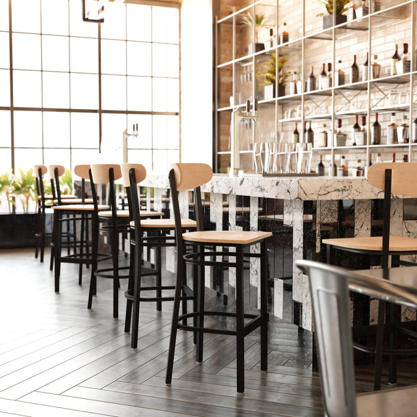 Natural Birch |#| Commercial Metal Barstool with Wood Seat and Boomerang Back-Natural Birch Finish