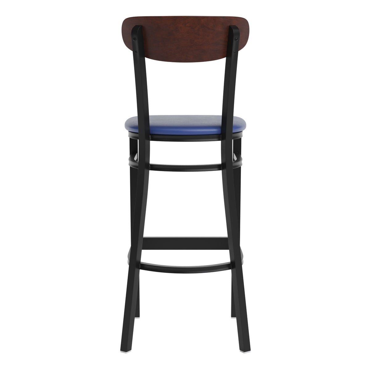 Walnut Wood Back/Blue Vinyl Seat |#| Commercial Metal Barstool with Vinyl Seat and Wood Boomerang Back-Blue/Walnut