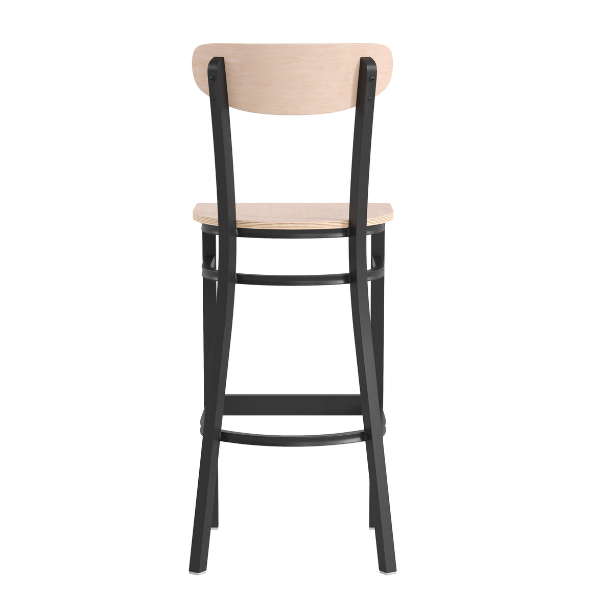 Natural Birch |#| Commercial Metal Barstool with Wood Seat and Boomerang Back-Natural Birch Finish