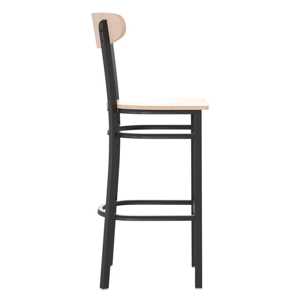 Natural Birch |#| Commercial Metal Barstool with Wood Seat and Boomerang Back-Natural Birch Finish