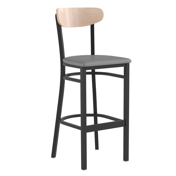 Natural Birch Wood Back/Gray Vinyl Seat |#| Commercial Metal Barstool with Vinyl Seat and Wood Boomerang Back-Gray/Natural