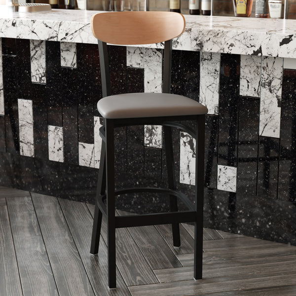 Natural Birch Wood Back/Gray Vinyl Seat |#| Commercial Metal Barstool with Vinyl Seat and Wood Boomerang Back-Gray/Natural