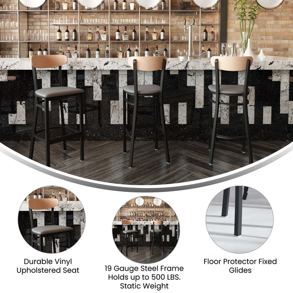 Natural Birch Wood Back/Gray Vinyl Seat |#| Commercial Metal Barstool with Vinyl Seat and Wood Boomerang Back-Gray/Natural