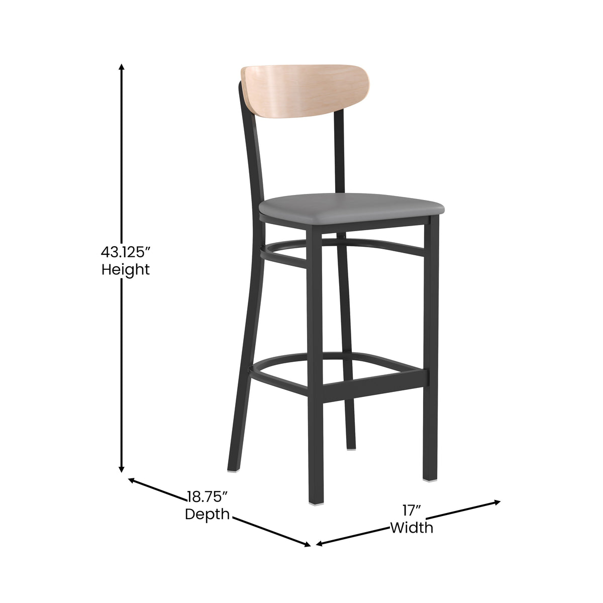 Natural Birch Wood Back/Gray Vinyl Seat |#| Commercial Metal Barstool with Vinyl Seat and Wood Boomerang Back-Gray/Natural