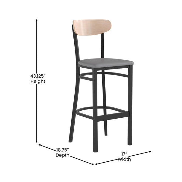 Natural Birch Wood Back/Gray Vinyl Seat |#| Commercial Metal Barstool with Vinyl Seat and Wood Boomerang Back-Gray/Natural