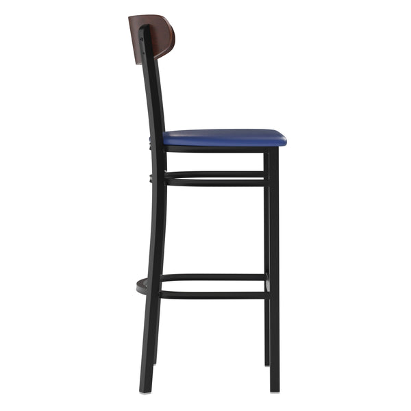 Walnut Wood Back/Blue Vinyl Seat |#| Commercial Metal Barstool with Vinyl Seat and Wood Boomerang Back-Blue/Walnut