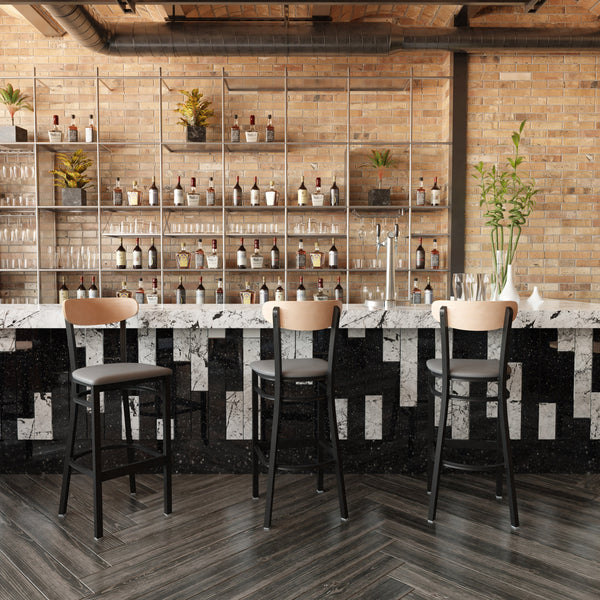 Natural Birch Wood Back/Gray Vinyl Seat |#| Commercial Metal Barstool with Vinyl Seat and Wood Boomerang Back-Gray/Natural