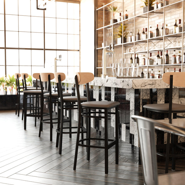 Natural Birch Wood Back/Gray Vinyl Seat |#| Commercial Metal Barstool with Vinyl Seat and Wood Boomerang Back-Gray/Natural