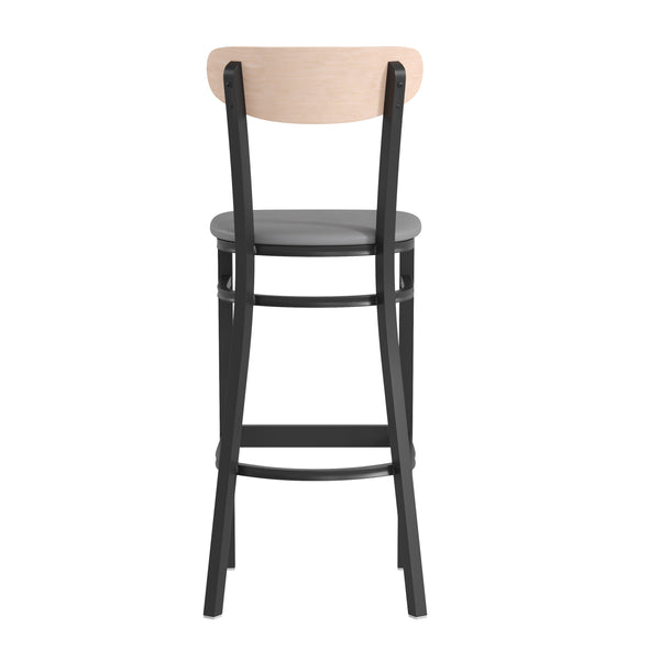 Natural Birch Wood Back/Gray Vinyl Seat |#| Commercial Metal Barstool with Vinyl Seat and Wood Boomerang Back-Gray/Natural