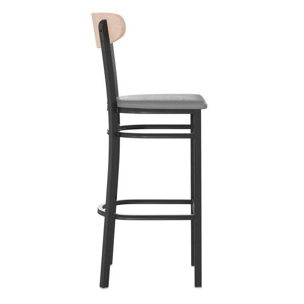 Natural Birch Wood Back/Gray Vinyl Seat |#| Commercial Metal Barstool with Vinyl Seat and Wood Boomerang Back-Gray/Natural