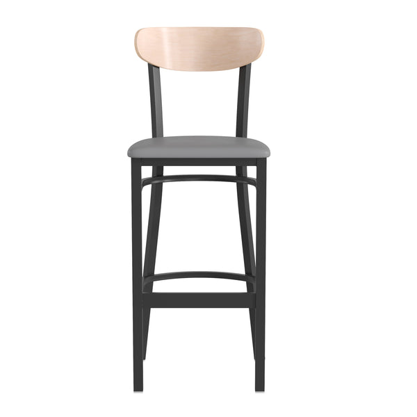 Natural Birch Wood Back/Gray Vinyl Seat |#| Commercial Metal Barstool with Vinyl Seat and Wood Boomerang Back-Gray/Natural