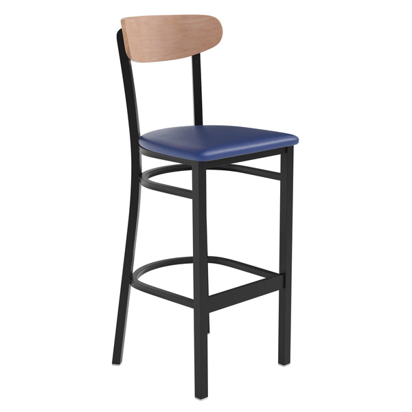 Natural Birch Wood Back/Blue Vinyl Seat |#| Commercial Metal Barstool with Vinyl Seat and Wood Boomerang Back-Blue/Natural
