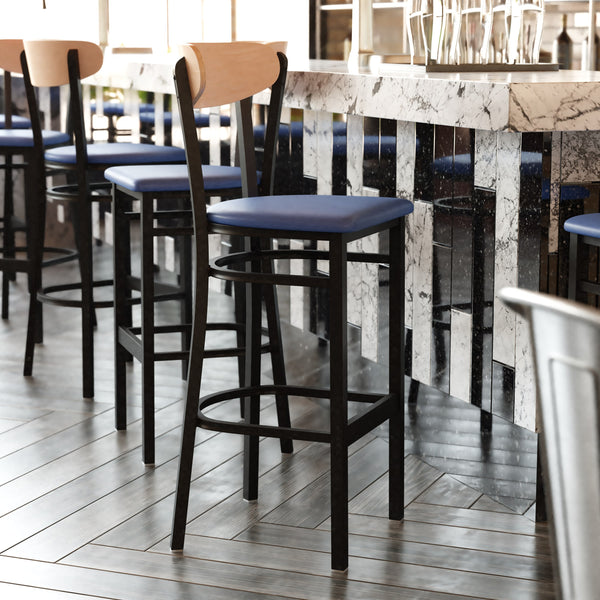 Natural Birch Wood Back/Blue Vinyl Seat |#| Commercial Metal Barstool with Vinyl Seat and Wood Boomerang Back-Blue/Natural