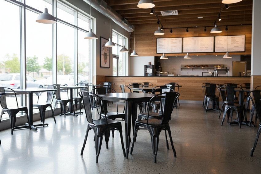 Commercial Grade Square Table Set – Modern Fast-Casual Restaurant