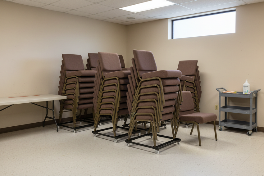 Room with stacked chairs and a table in a neutral setting