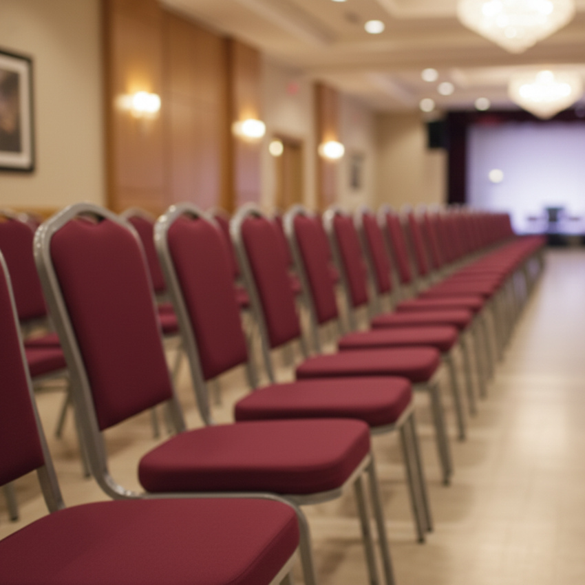 HERCULES Crown Back Banquet Chair — Burgundy / Silver Vein — Editorial Diagonal Perspective