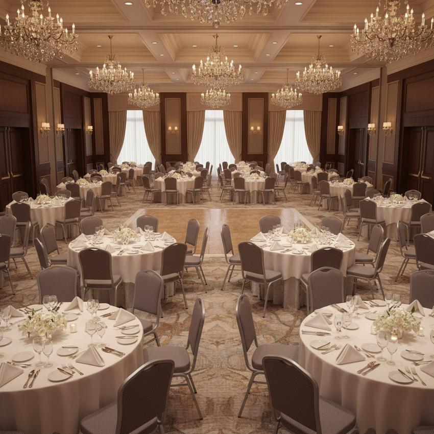Banquet hall set for a wedding reception