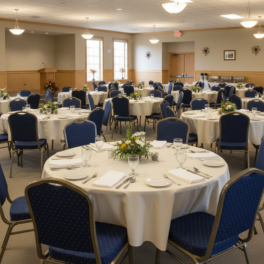 crown back blue patterned banquet chairs in a fellowship hall set for a church gathering