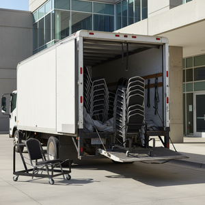 banquet chairs stacked on dollies being moved in a box truck