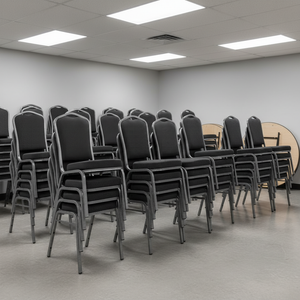 Crown back banquet chairs stacked in a storage room