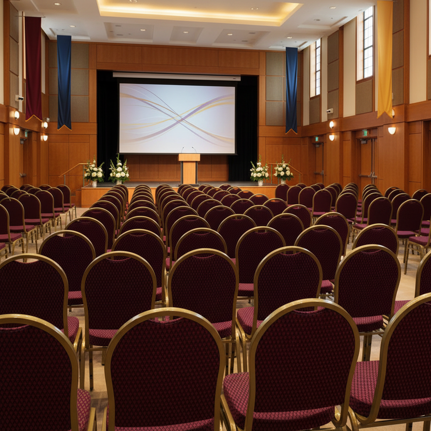 university conference hall with dome back banquet chairs aligned for an event