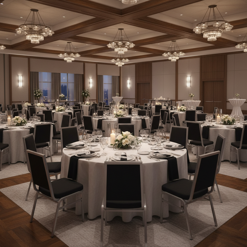Country club banquet hall set with dining tables and banquet stack chairs at a gala event