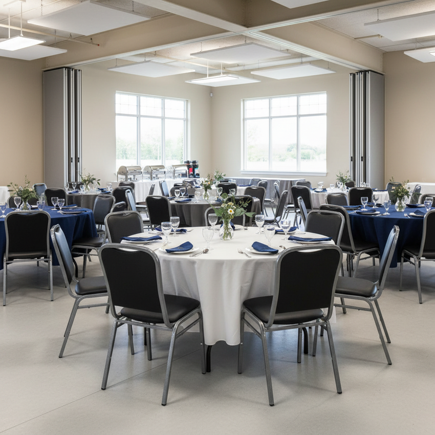 Chamber of Commerce banquet hall set for a lunch event with banquet chairs around tables.