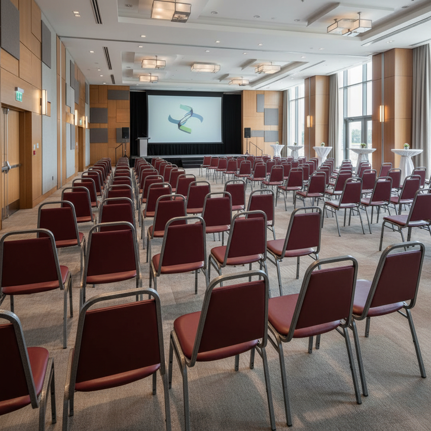 Hotel conference room arranged with banquet chairs facing a platform and screen