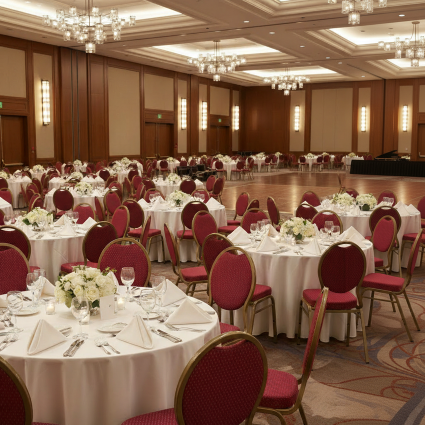 banquet hall with tables and chairs set around dance floor